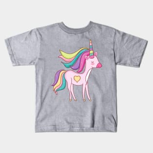 Cute Little Unicorn With Heart, Line Drawing White, Pink, Purple, Green & Yellow Kids T-Shirt